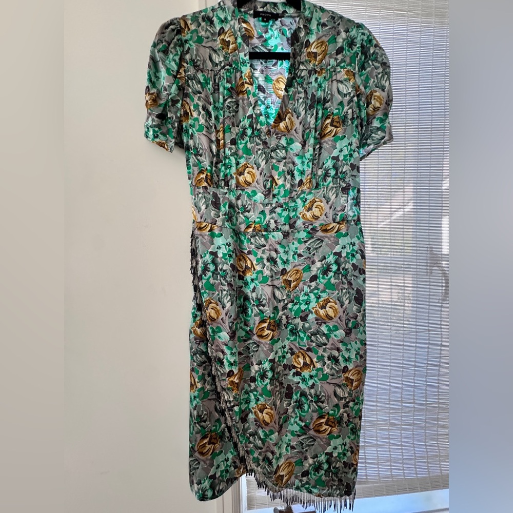 Flirty, Chic Silk Floral Midi Dress in Green and Yellow